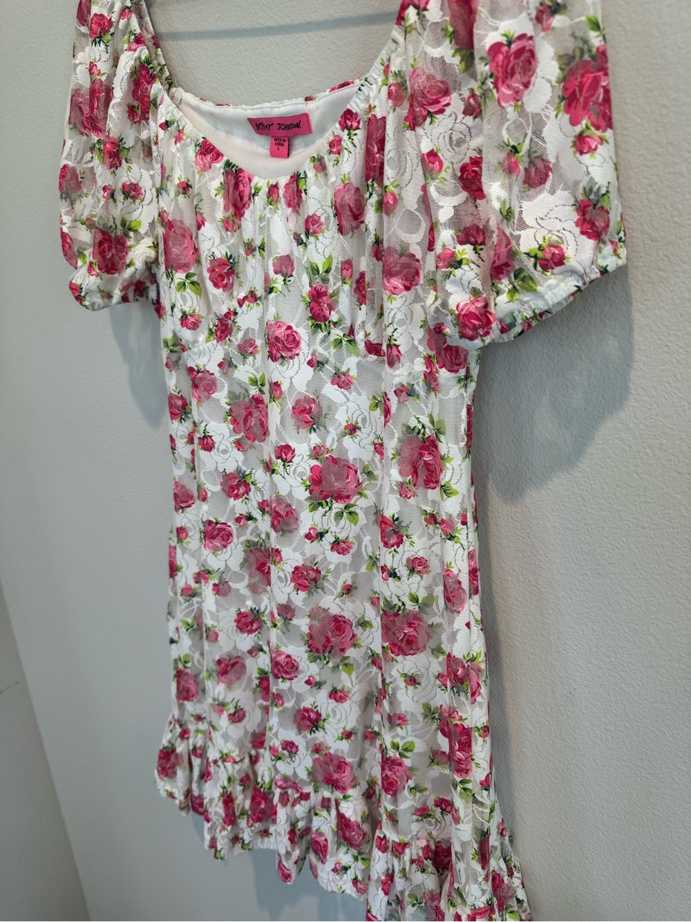 Betsey Johnson Goldie Floral Mini Dress Puff Sleeve Smocked Y2K Large - Picture 10 of 13